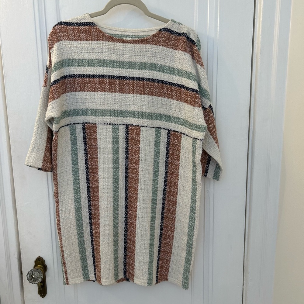 Billy Reid Cream Sweater with Rust & Sage Stripes